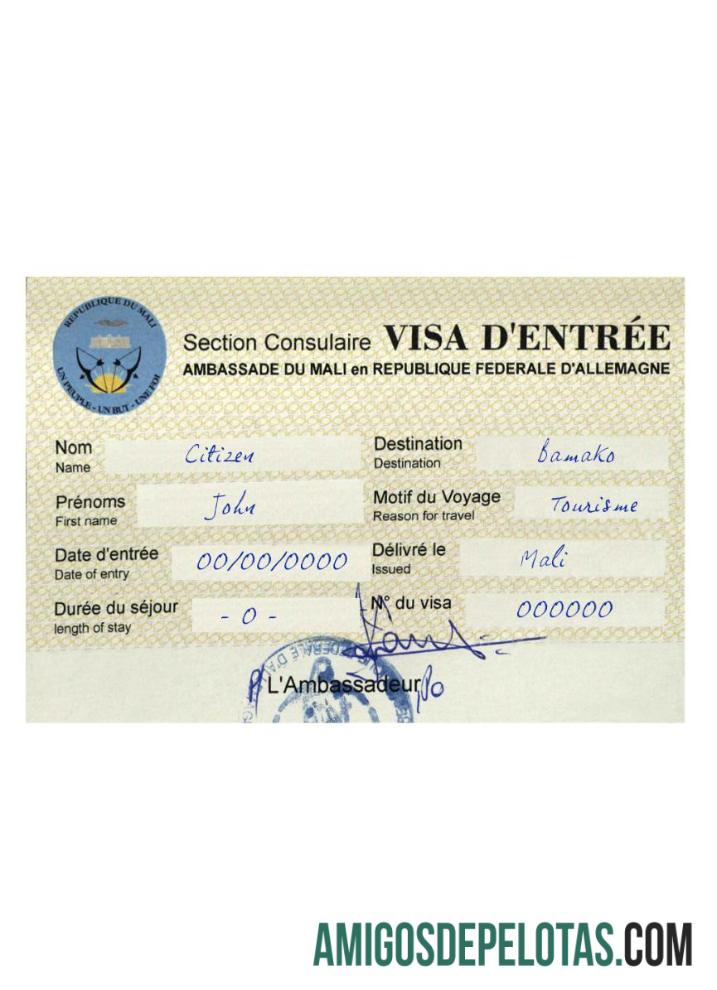 Visto de viagem para a República do Mali modelo